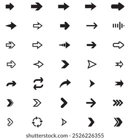 Satz von verschiedenen neuen Stil schwarzen Pfeilen. Richtungspfeil, flacher Stil, einzeln auf weißem Hintergrund. Cursor Vektorgrafik. Satz von Vektorpfeilen. Pfeile Schwarzer Vektor auf weißem Hintergrund.