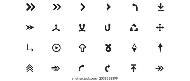 Set of different new style black arrows. Directional arrow flat style isolated on white background. Cursor. Vector illustration. Set of vector arrows. Arrows Black vector on white background.