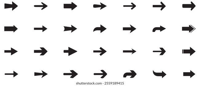 Set of different new style black arrows. Directional arrow flat style isolated on white background. Cursor. Vector illustration. Set of vector arrows. Arrows Black vector on white background.