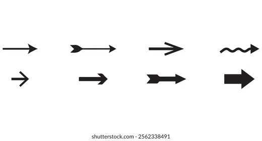 Set of different new style black arrows. Directional arrow flat style isolated on white background. Cursor. Vector illustration. Set of vector arrows. Arrows Black vector on white background.