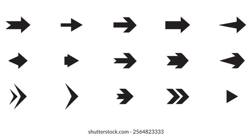 Set of different new style black arrows. Directional arrow flat style isolated on white background. Cursor. Vector illustration. Set of vector arrows. Arrows Black vector on white background.