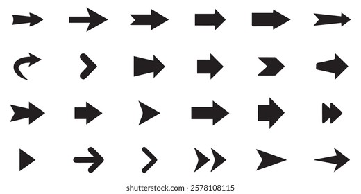 Set of different new style black arrows. Directional arrow flat style isolated on white background. Cursor. Vector illustration. Set of vector arrows. Arrows Black vector on white background.