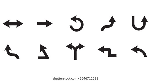 Um conjunto de novas setas pretas de estilo diferentes. Estilo plano de seta direcional isolado em um fundo branco. Cursor. Ilustração vetorial. Conjunto de setas vetoriais. Setas vetor preto sobre fundo branco. 