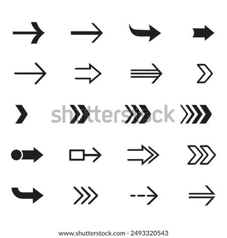 Set of different new style black arrows. Directional arrow flat style isolated on white background. Cursor. Vector illustration. Set of vector arrows. Arrows Black vector on white background.