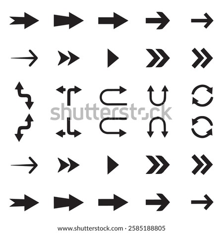 Set of different new style black arrows. Directional arrow flat style isolated on white background. Cursor. Vector illustration. Set of vector arrows. Arrows Black vector on white background.