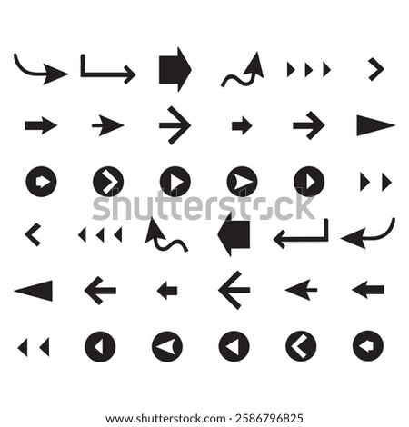 Set of different new style black arrows. Directional arrow flat style isolated on white background. Cursor. Vector illustration. Set of vector arrows. Arrows Black vector on white background.