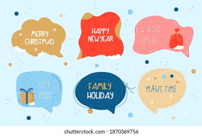 Set of different New Year and Christmas stickers with congratulations and inscriptions. Bright holiday speech bubbles. Cozy flat cartoon holiday illustration. Happy New Year And Merry Christmas cards
