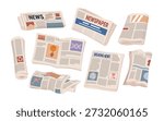 Set of different newspapers, folded and open, featuring headlines, articles, and graphics, ideal for news, journalism, and media concepts, isolated on white background vector illustration
