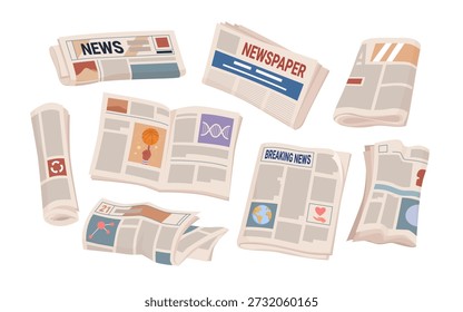 Conjunto de diferentes diarios, plegados y abiertos, con titulares, artículos y gráficas, ideales para noticias, periodismo y conceptos de medios, aislados sobre Ilustración vectorial de fondo blanco