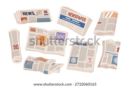Set of different newspapers, folded and open, featuring headlines, articles, and graphics, ideal for news, journalism, and media concepts, isolated on white background vector illustration