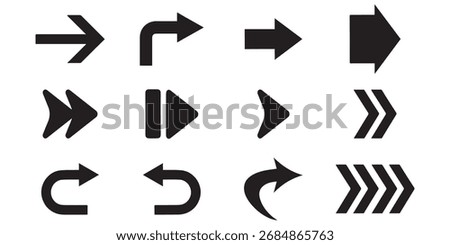 Set of different new-style black arrows. Directional arrow flat style isolated on a white background.