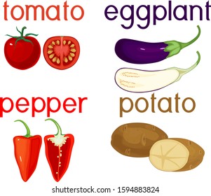 Set of different nightshade vegetables (whole and cut in half) isolated on white background