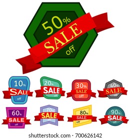 Set of different nine discount stickers. Colorful badges with red ribbon for sale 10 - 90 percent off. Vector illustration.
