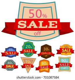 Set of different nine discount stickers. Colorful badges with red ribbon for sale 10 - 90 percent off. Vector illustration.
