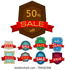 Set of different nine discount stickers. Colorful badges with red ribbon for sale 10 - 90 percent off. Vector illustration.