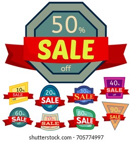 Set of different nine discount stickers. Colorful badges with red ribbon for sale 10 - 90 percent off. Vector illustration.