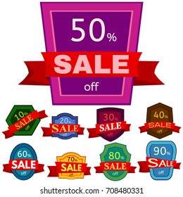 Set of different nine discount stickers. Colorful badges with red ribbon for sale 10 - 90 percent off. Vector illustration.