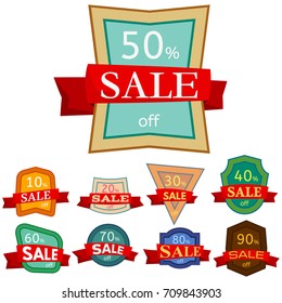 Set of different nine discount stickers. Colorful badges with red ribbon for sale 10 - 90 percent off. Vector illustration.