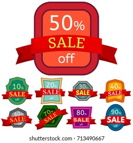 Set of different nine discount stickers. Colorful badges with red ribbon for sale 10 - 90 percent off. Vector illustration.