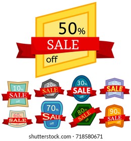 Set of different nine discount stickers. Colorful badges with red ribbon for sale 10 - 90 percent off. Vector illustration.

