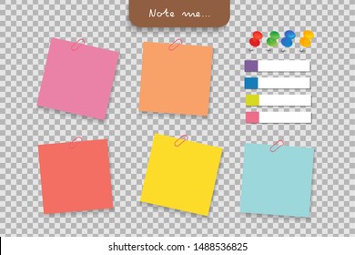 Set of different note papers with clip, pushpin, paper tag on transparent background.