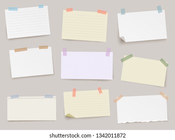 Set of different note papers with color adhesive tape on transparent background.