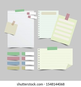 Set of different note papers on isolated background.Vector illustration.