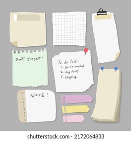 Set of different note papers on isolated background.Vector illustration.