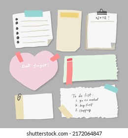 Set of different note papers on isolated background.Vector illustration.