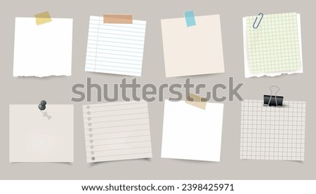Set of different note papers on transparent background.