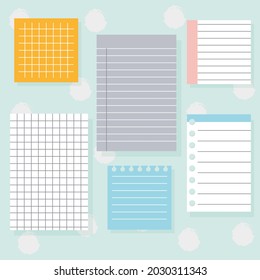 Set of different note papers. Paper notes on stickers, notepads and memo messages. Vector illustration.