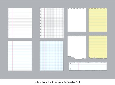 Set of different notebook pages and pieces of torn notebook paper. Vector illustration 