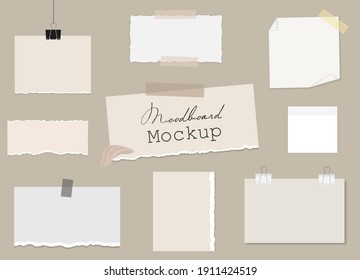 Set of of different notes on sticky tape and binder clips, pieces of torn paper, reminder cards. Mockup for modern design, presentation, social media. Vector 3d realistic. Blank template on a beige.