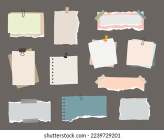 Set of of different notes on sticky tape and binder clips, pieces of torn paper, reminder cards. Mockup for modern design, presentation, social media.