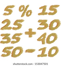 Set of different numbers of discounts. Pencil scribbles in soft yellow tones. Can be used for different purposes