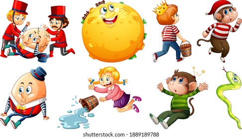 Set of different nursery rhyme character isolated on white background illustration