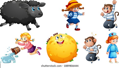 Set of different nursery rhyme character isolated on white background illustration
