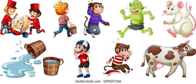 Set of different nursery rhyme character isolated on white background illustration