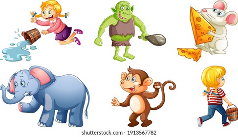 Set of different nursery rhyme character isolated on white background illustration