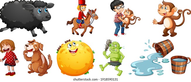 Set of different nursery rhyme character isolated on white background illustration