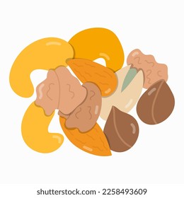 Set of different nuts in trendy naive style. Almond, cashew, walnut, hazelnut, pistachio. Vector hand drawn clipart isolated on background. Vegetarian and vegan food. Healthy eating and diet concept.