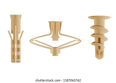 Set of different nylon dowels, fixture collection, isolated on white