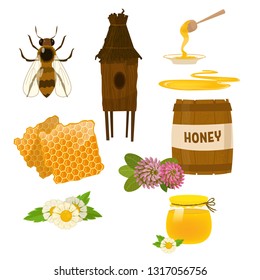 A set of different objects for beekeeping.Jar of honey, barrel, bee and honey flowers. Icons of fresh honey and natural honey products.