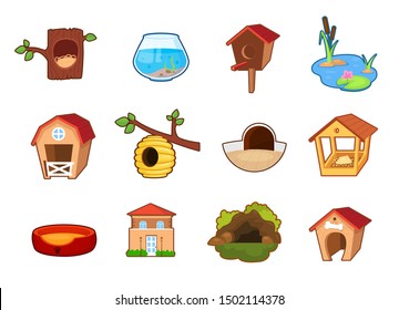 Set of different objects, home places for different animals