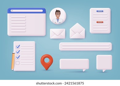 Set of different objects for pages. Landing page template for web. 3D Web Vector Illustrations. 