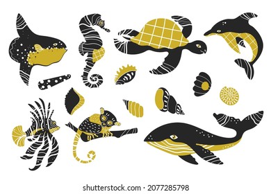 Set with different oceanic animals. Isolated on white background. While, turtle, lion fish, moonfish, seahorse, shells, tarsier, dolphin. Cartoon funny style. Vector illustration. Underwater world.