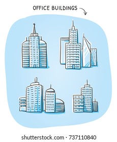 Set of different office and business buildings, high rise, tower, skyscraper on blue background. Hand drawn cartoon sketch vector illustration, marker style coloring. 