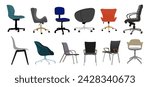 Set of different office chairs front, side, back view. Wheelchair, manager chair, armchair. Colorful vector illustrations, furniture interior design elements isolated on white. Not AI generated.