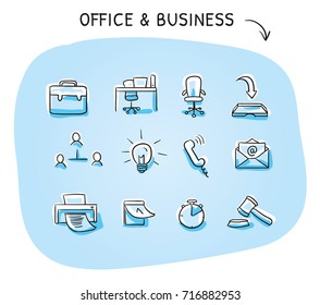 Set with different office icons as desk, chair, light bulb, phone, calendar, printer, email and briefcase. Hand drawn sketch vector illustration, blue marker style coloring on plain background.