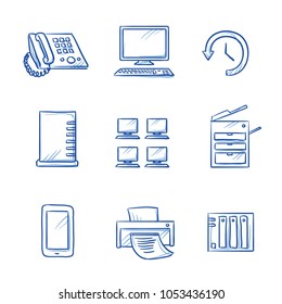 Set with different office IT icons, as phone, computer, printer, scanner, server, backup, desktops. Hand drawn line art cartoon vector illustration.